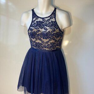 Maniju SZ M Navy & nude lace cocktail party dress full toile skirt rhinestones